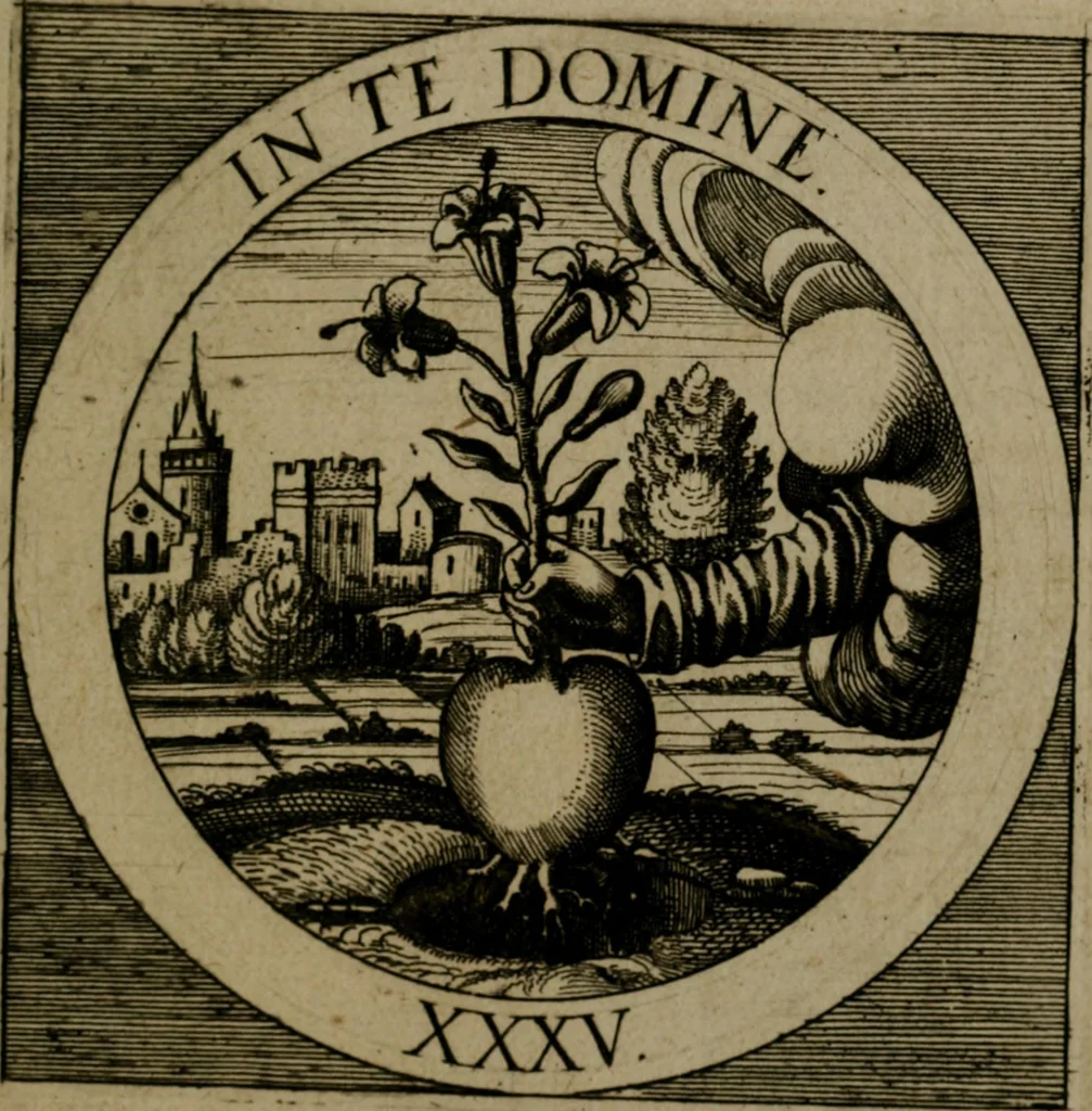 An illustration from Emblemata sacra : hoc est, decades quinque emblematum ex sacra scriptura, de dulcissimo nomine & cruce Jesu Christi, figuris aeneis incisorum ..., 1624, leaf 372