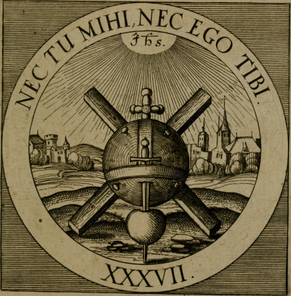 An illustration from Emblemata sacra : hoc est, decades quinque emblematum ex sacra scriptura, de dulcissimo nomine & cruce Jesu Christi, figuris aeneis incisorum ..., 1624, leaf 380
