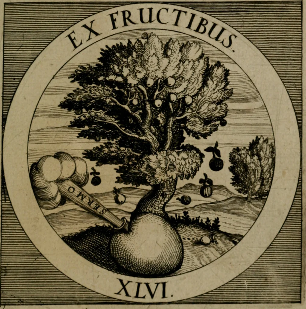 An illustration from Emblemata sacra : hoc est, decades quinque emblematum ex sacra scriptura, de dulcissimo nomine & cruce Jesu Christi, figuris aeneis incisorum ..., 1624, leaf 416