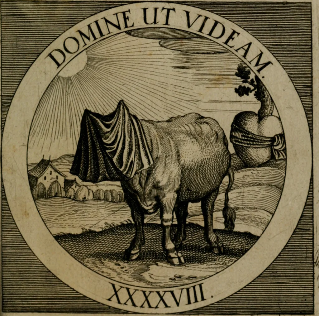 An illustration from Emblemata sacra : hoc est, decades quinque emblematum ex sacra scriptura, de dulcissimo nomine & cruce Jesu Christi, figuris aeneis incisorum ..., 1624, leaf 424