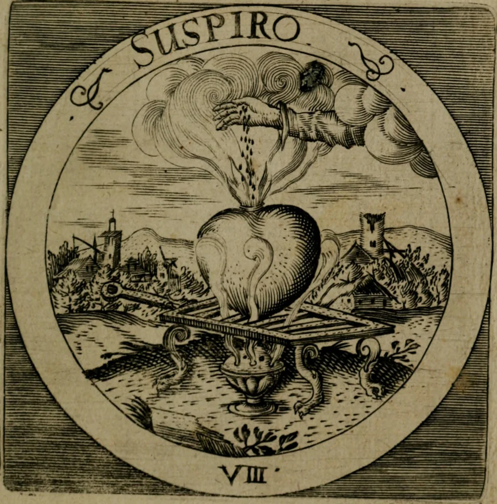 An illustration from Emblemata sacra : hoc est, decades quinque emblematum ex sacra scriptura, de dulcissimo nomine & cruce Jesu Christi, figuris aeneis incisorum ..., 1624, leaf 48