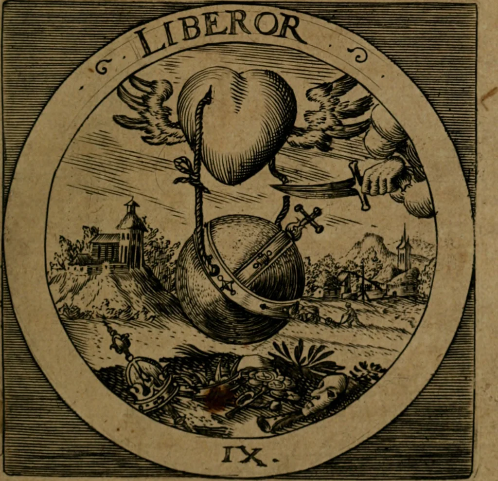 An illustration from Emblemata sacra : hoc est, decades quinque emblematum ex sacra scriptura, de dulcissimo nomine & cruce Jesu Christi, figuris aeneis incisorum ..., 1624, leaf 52