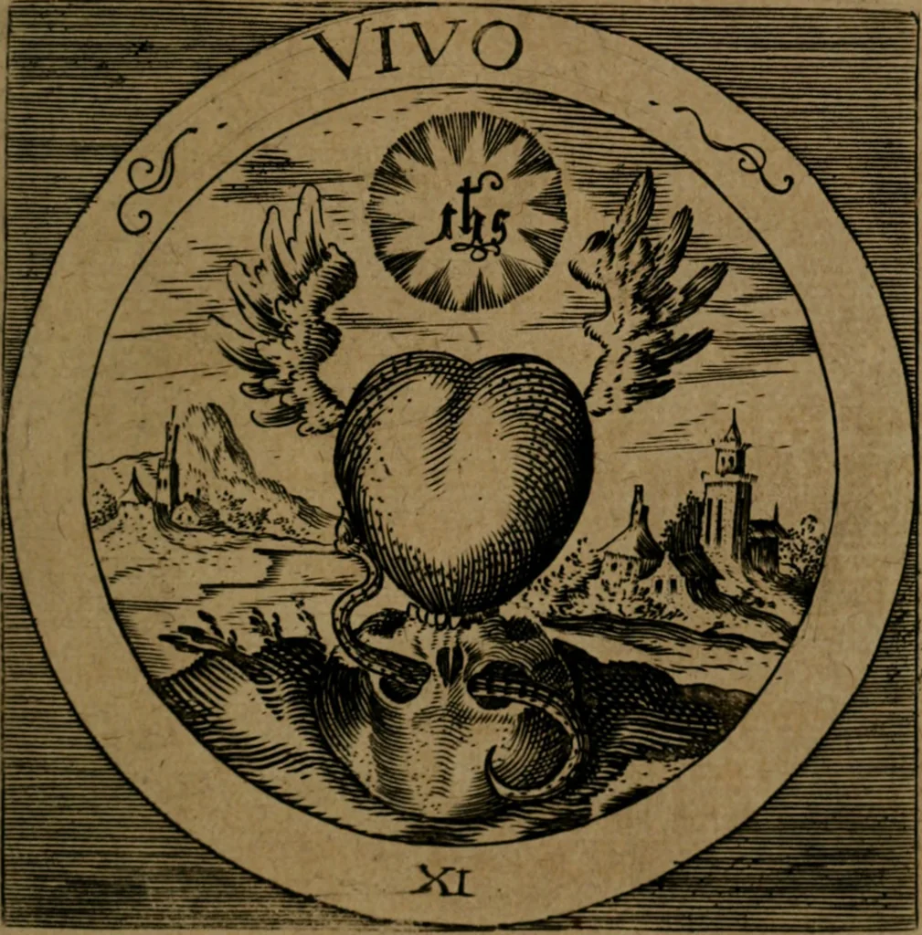 An illustration from Emblemata sacra : hoc est, decades quinque emblematum ex sacra scriptura, de dulcissimo nomine & cruce Jesu Christi, figuris aeneis incisorum ..., 1624, leaf 60