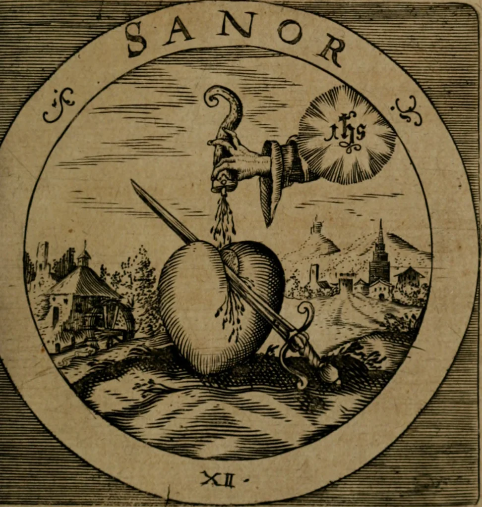 An illustration from Emblemata sacra : hoc est, decades quinque emblematum ex sacra scriptura, de dulcissimo nomine & cruce Jesu Christi, figuris aeneis incisorum ..., 1624, leaf 64