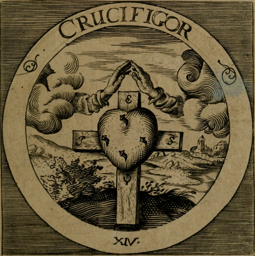 An illustration from Emblemata sacra : hoc est, decades quinque emblematum ex sacra scriptura, de dulcissimo nomine & cruce Jesu Christi, figuris aeneis incisorum ..., 1624, leaf 72