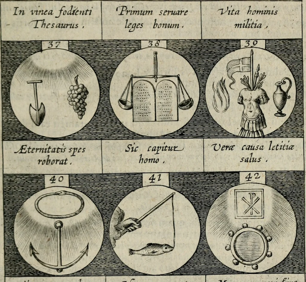 An illustration from Emblemata, sive, Symbola a principibus, viris eeclesiasticis [sic] ac militaribus aliisque vsurpanda : Deuises ou emblemes pour princes, gens d'Eglise, gens de guerre, & aultres, 1624, leaf 20