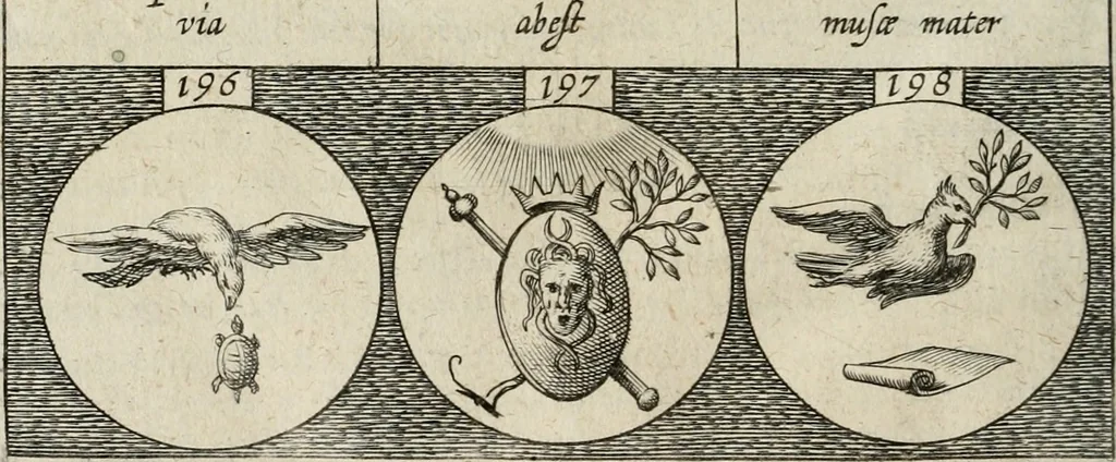 An illustration from Emblemata, sive, Symbola a principibus, viris eeclesiasticis [sic] ac militaribus aliisque vsurpanda : Deuises ou emblemes pour princes, gens d'Eglise, gens de guerre, & aultres, 1624, leaf 55