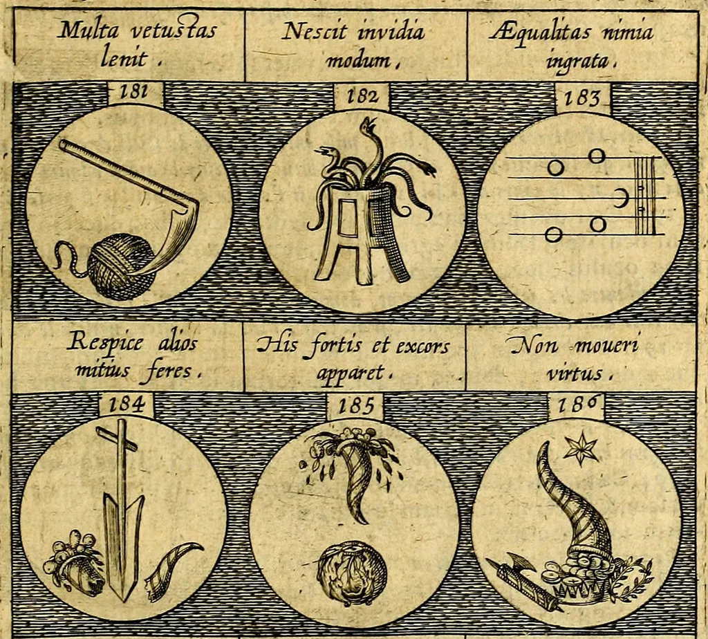 An illustration from Emblemata sive symbola a principibus, viris eeclesiasticis [sic] ac militaribus aliisque vsurpanda. Deuises ou emblemes pour princes, gens d'Eglise, gens de guerre, & aultres, 1624, leaf 50