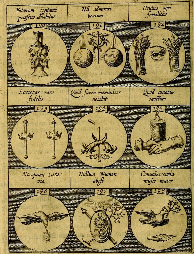 An illustration from Emblemata sive symbola a principibus, viris eeclesiasticis [sic] ac militaribus aliisque vsurpanda. Deuises ou emblemes pour princes, gens d'Eglise, gens de guerre, & aultres, 1624, leaf 53