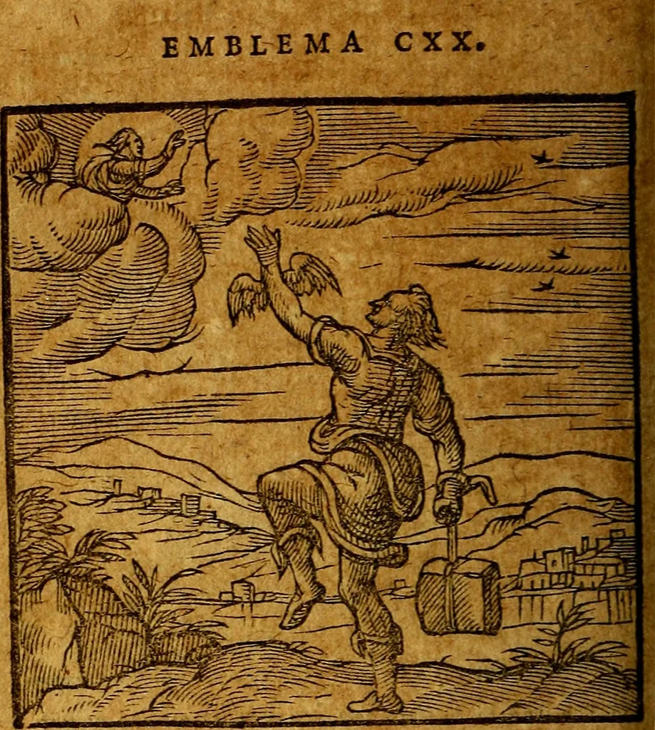 An illustration from Emblemata V.C. Andreae Alciati Mediolanensis iurisconsulti : cum facili & compendiosa explicatione, qua obscura illustrantur, dubiaq́ue omnia soluuntur,, 1622, leaf 149