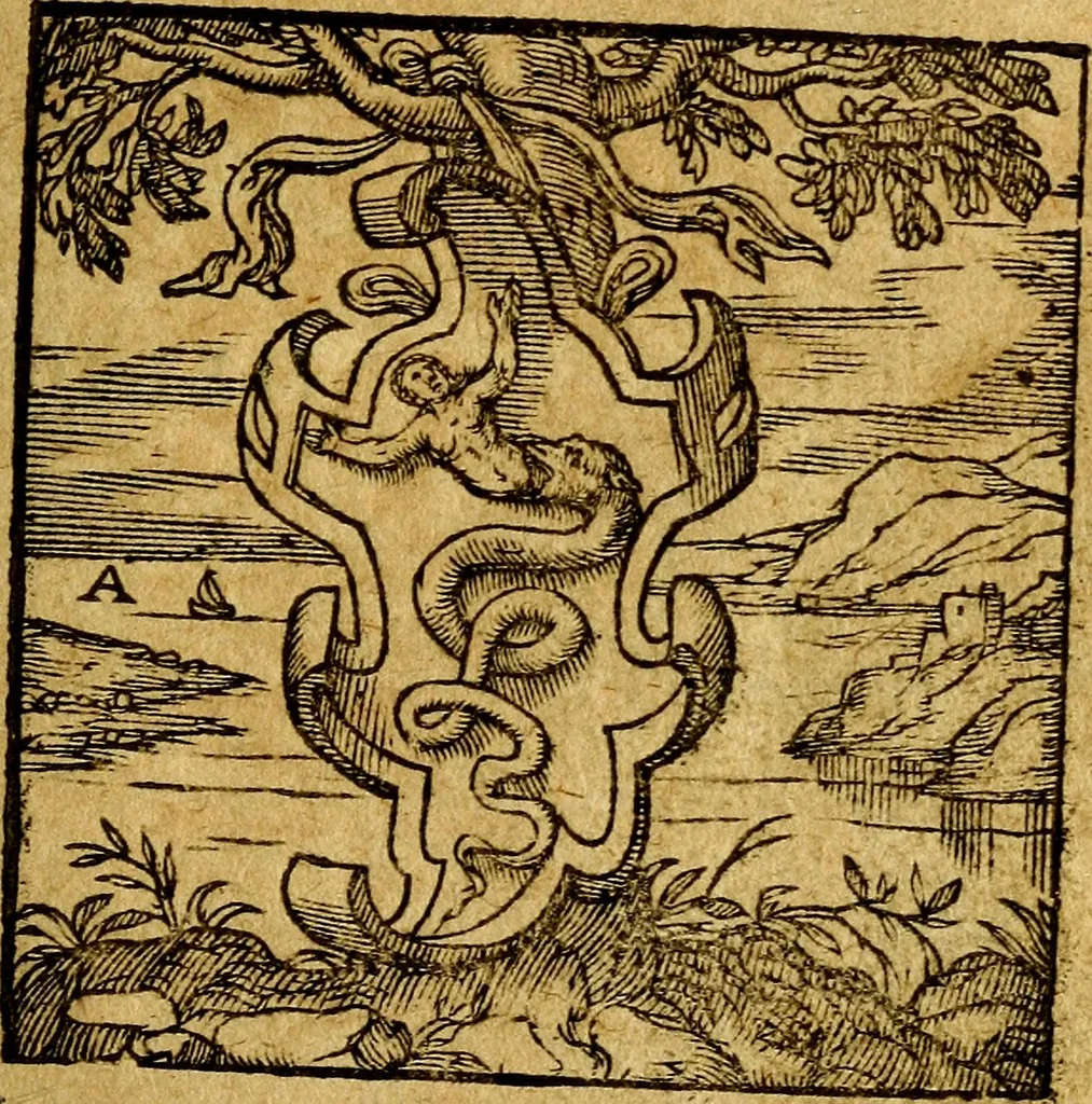 An illustration from Emblemata V.C. Andreae Alciati Mediolanensis iurisconsulti : cum facili & compendiosa explicatione, qua obscura illustrantur, dubiaq́ue omnia soluuntur,, 1622, leaf 18