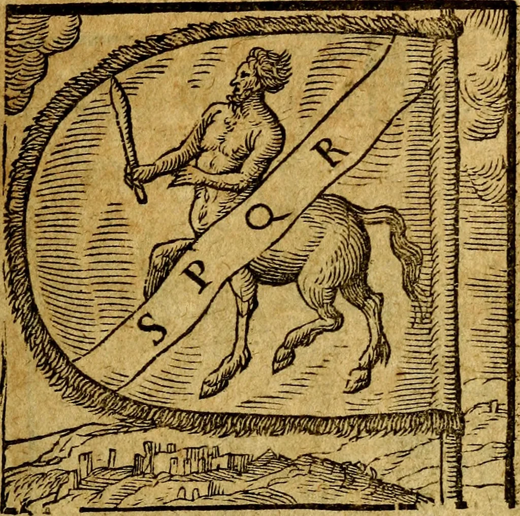 An illustration from Emblemata V.C. Andreae Alciati Mediolanensis iurisconsulti : cum facili & compendiosa explicatione, qua obscura illustrantur, dubiaq́ue omnia soluuntur,, 1622, leaf 32