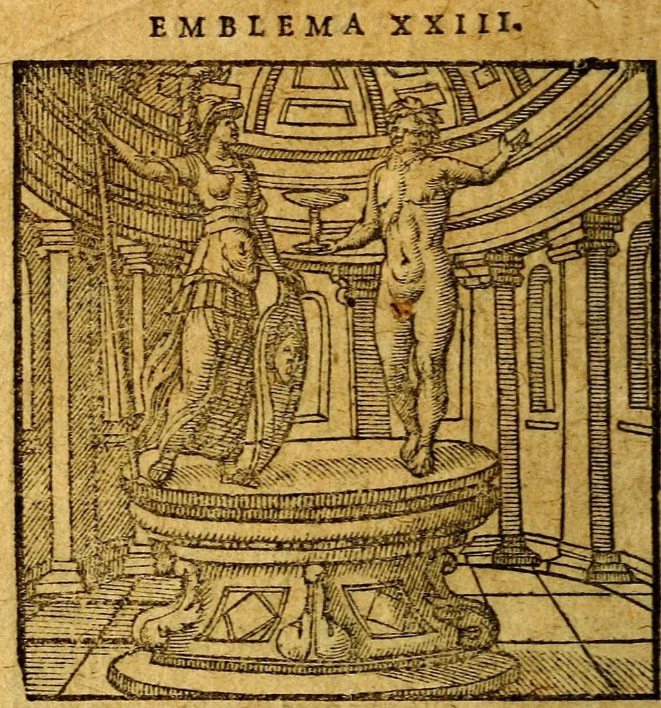 An illustration from Emblemata V.C. Andreae Alciati Mediolanensis iurisconsulti : cum facili & compendiosa explicatione, qua obscura illustrantur, dubiaq́ue omnia soluuntur,, 1622, leaf 43