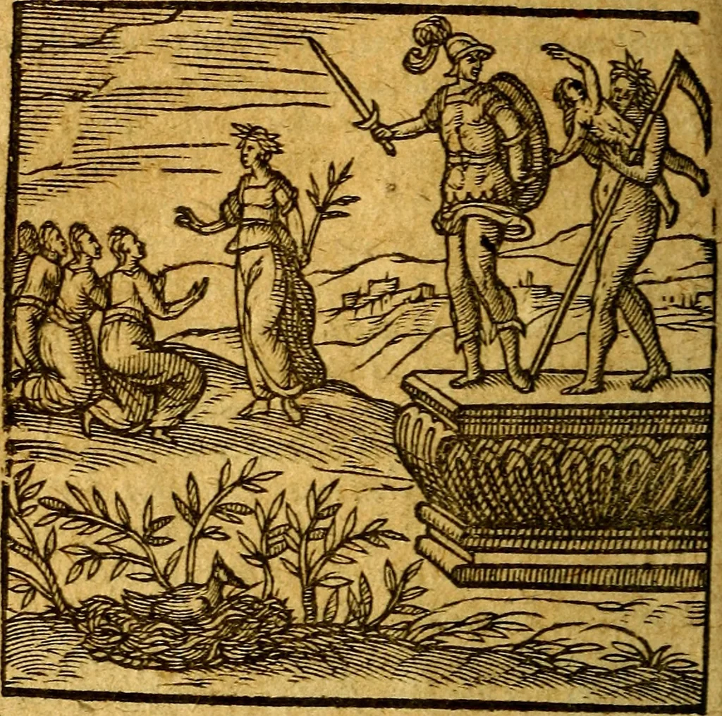 An illustration from Emblemata V.C. Andreae Alciati Mediolanensis iurisconsulti : cum facili & compendiosa explicatione, qua obscura illustrantur, dubiaq́ue omnia soluuntur,, 1622, leaf 47