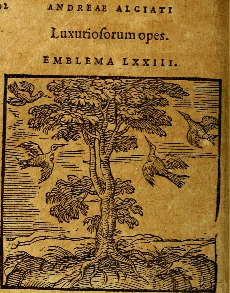 An illustration from Emblemata V.C. Andreae Alciati Mediolanensis iurisconsulti : cum facili & compendiosa explicatione, qua obscura illustrantur, dubiaq́ue omnia soluuntur,, 1622, leaf 95