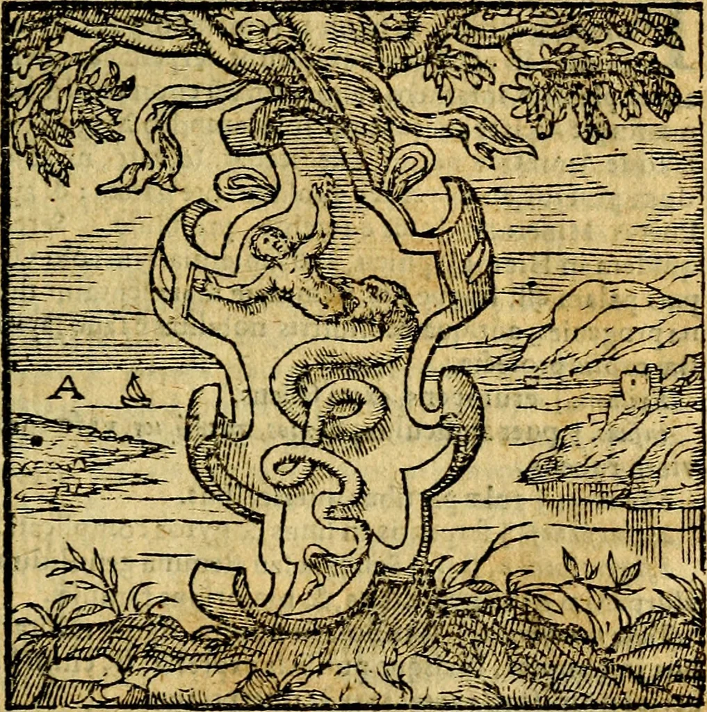 An illustration from Emblemata v. c. Andreae Alciati Mediolanensis iurisconsulti : cum facili & compe[n]diosa explicatione, qua obscura illustrantur, dubiáque omnia solvuntur, 1584, leaf 18
