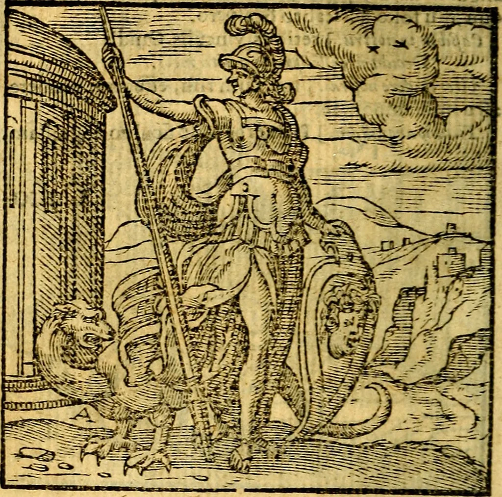 An illustration from Emblemata v. c. Andreae Alciati Mediolanensis iurisconsulti : cum facili & compe[n]diosa explicatione, qua obscura illustrantur, dubiáque omnia solvuntur, 1584, leaf 65