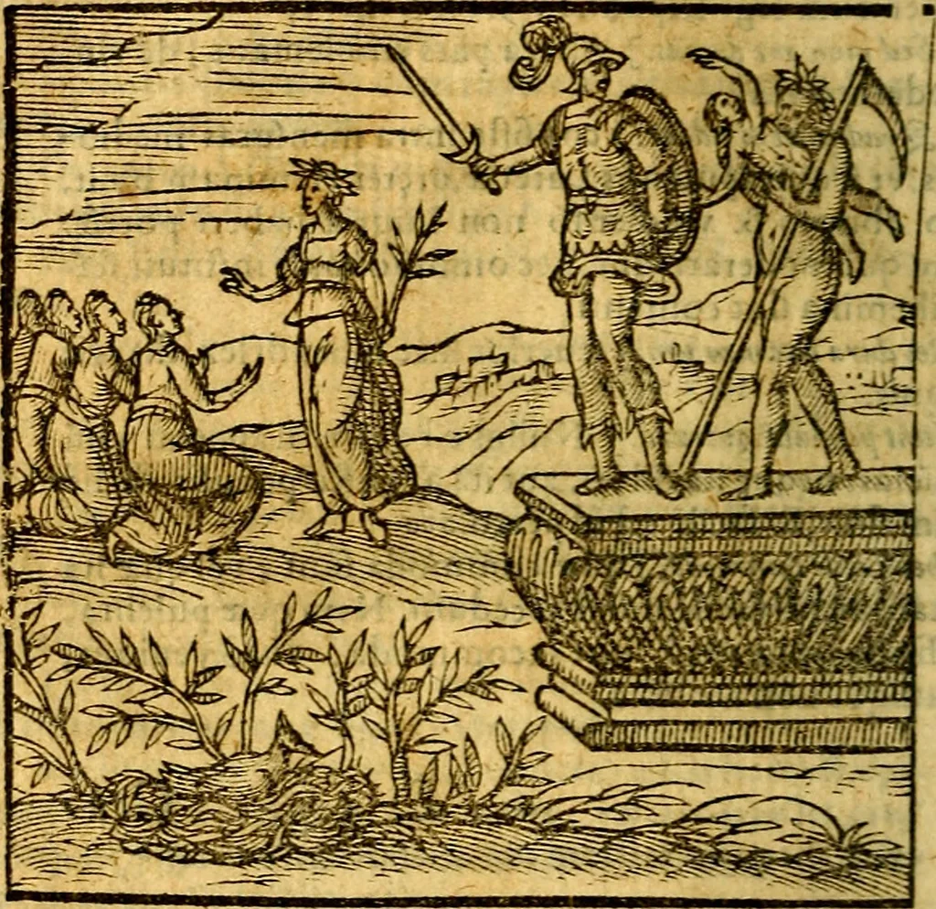 An illustration from Emblemata v. c. Andreae Alciati Mediolanensis iurisconsulti : cum facili & compe[n]diosa explicatione, qua obscura illustrantur, dubiáque omnia solvuntur, 1584, leaf 75