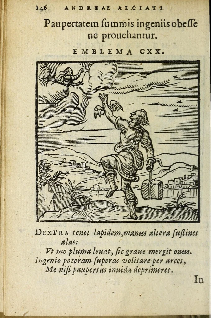 An illustration from Emblemata V.C. Andreæ Alciati Mediolanensis ivrisconsvlti : cum facii & compendiosa explicatione, quâ obscura illustrantur, dubiaq́ue omnia soluuntur, 1648, leaf 142