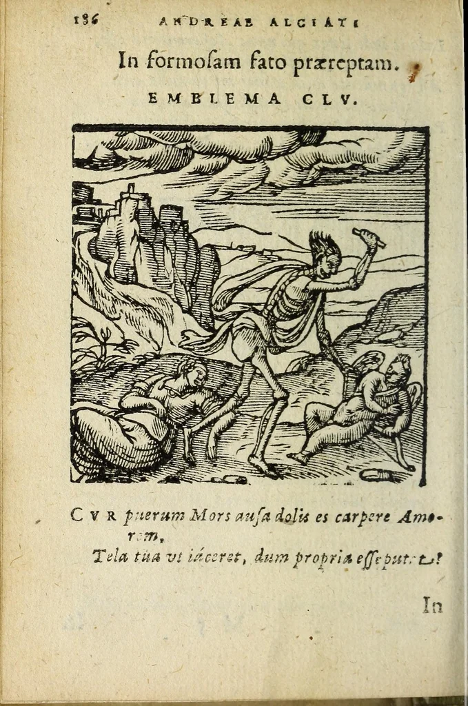 An illustration from Emblemata V.C. Andreæ Alciati Mediolanensis ivrisconsvlti : cum facii & compendiosa explicatione, quâ obscura illustrantur, dubiaq́ue omnia soluuntur, 1648, leaf 182