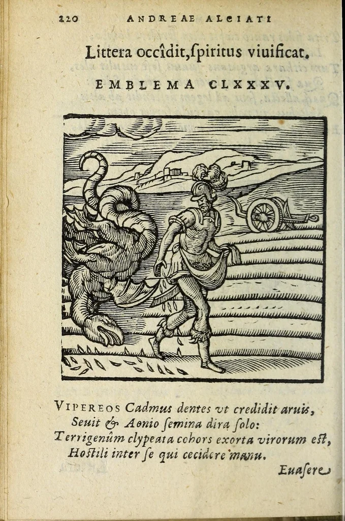An illustration from Emblemata V.C. Andreæ Alciati Mediolanensis ivrisconsvlti : cum facii & compendiosa explicatione, quâ obscura illustrantur, dubiaq́ue omnia soluuntur, 1648, leaf 216