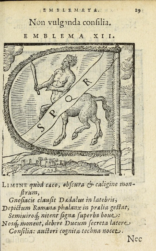An illustration from Emblemata V.C. Andreæ Alciati Mediolanensis ivrisconsvlti : cum facii & compendiosa explicatione, quâ obscura illustrantur, dubiaq́ue omnia soluuntur, 1648, leaf 27