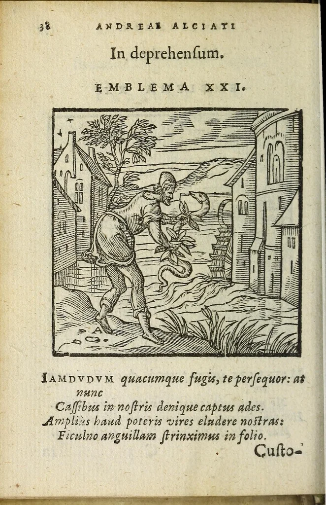 An illustration from Emblemata V.C. Andreæ Alciati Mediolanensis ivrisconsvlti : cum facii & compendiosa explicatione, quâ obscura illustrantur, dubiaq́ue omnia soluuntur, 1648, leaf 36