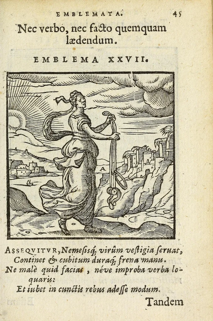 An illustration from Emblemata V.C. Andreæ Alciati Mediolanensis ivrisconsvlti : cum facii & compendiosa explicatione, quâ obscura illustrantur, dubiaq́ue omnia soluuntur, 1648, leaf 43