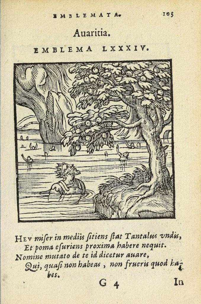 An illustration from Emblemata V.C. Andreæ Alciati Mediolanensis ivrisconsvlti : cum facii & compendiosa explicatione, quâ obscura illustrantur, dubiaq́ue omnia soluuntur, 1648, leaf 99