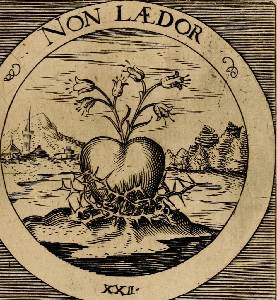 An illustration from Emblematum sacrorum prima[-secunda] pars : das ist, fünfftzig geistlicher in Kupffer gestochener Emblematum ausz der H. Schrifft von dem süssen Namen vnd Creutz Jesu Christi, erster[-ander] Theyl, 1624, leaf 106