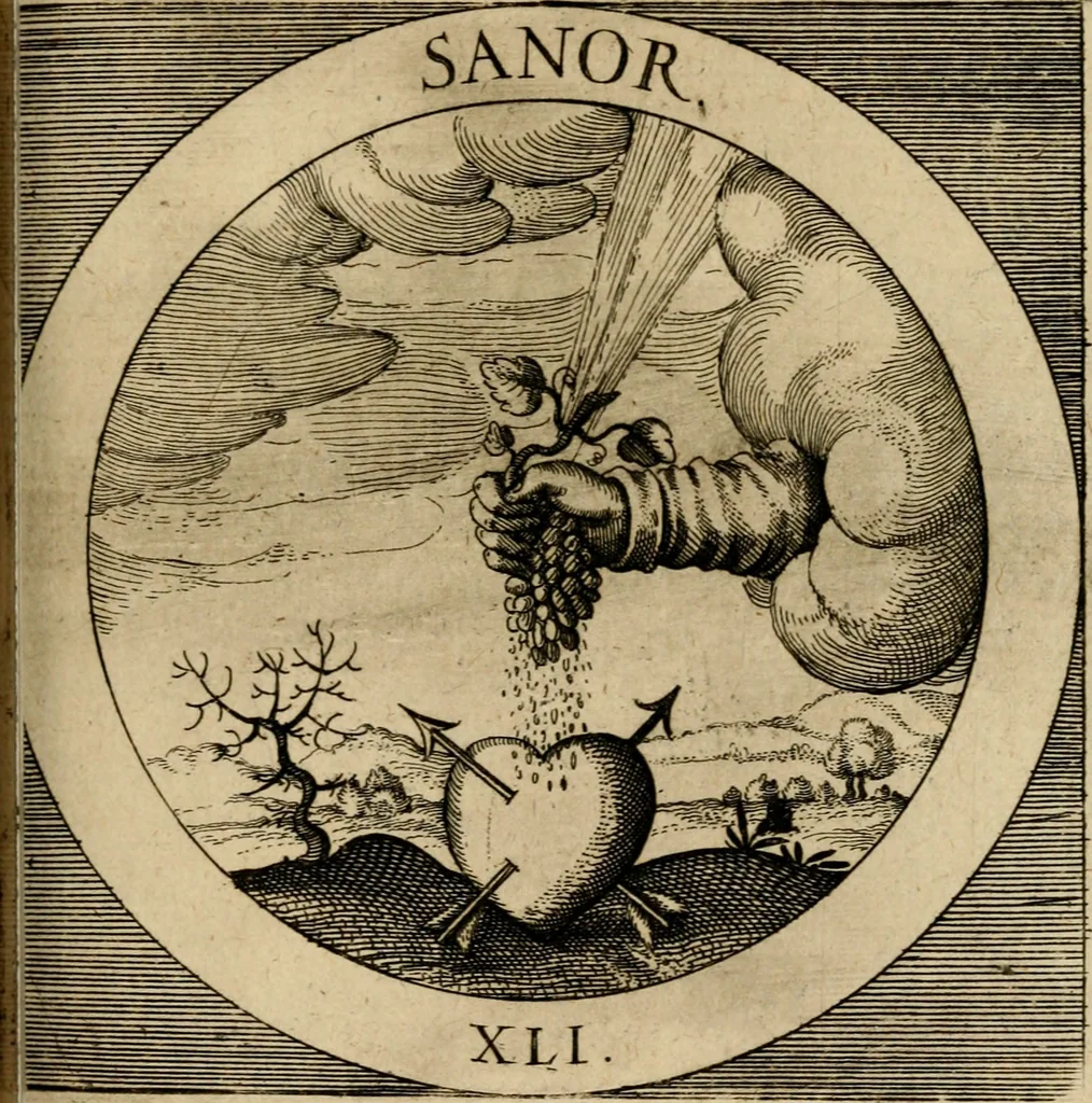 An illustration from Emblematum sacrorum prima[-secunda] pars : das ist, fünfftzig geistlicher in Kupffer gestochener Emblematum ausz der H. Schrifft von dem süssen Namen vnd Creutz Jesu Christi, erster[-ander] Theyl, 1624, leaf 182