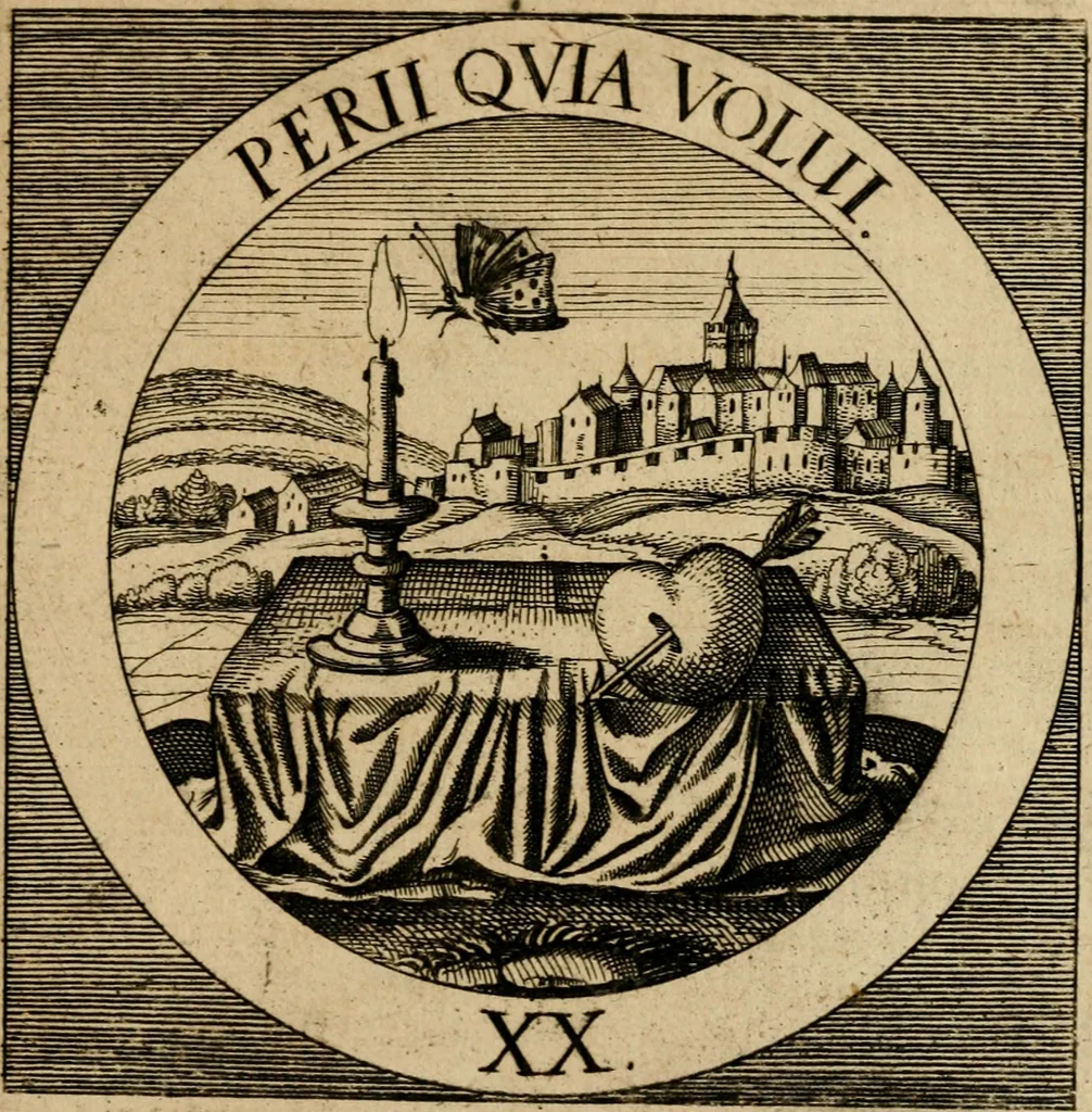 An illustration from Emblematum sacrorum prima[-secunda] pars : das ist, fünfftzig geistlicher in Kupffer gestochener Emblematum ausz der H. Schrifft von dem süssen Namen vnd Creutz Jesu Christi, erster[-ander] Theyl, 1624, leaf 318