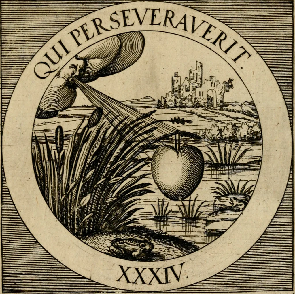 An illustration from Emblematum sacrorum prima[-secunda] pars : das ist, fünfftzig geistlicher in Kupffer gestochener Emblematum ausz der H. Schrifft von dem süssen Namen vnd Creutz Jesu Christi, erster[-ander] Theyl, 1624, leaf 374