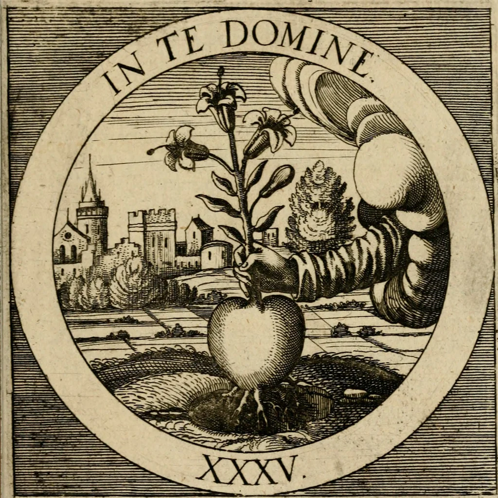 An illustration from Emblematum sacrorum prima[-secunda] pars : das ist, fünfftzig geistlicher in Kupffer gestochener Emblematum ausz der H. Schrifft von dem süssen Namen vnd Creutz Jesu Christi, erster[-ander] Theyl, 1624, leaf 378