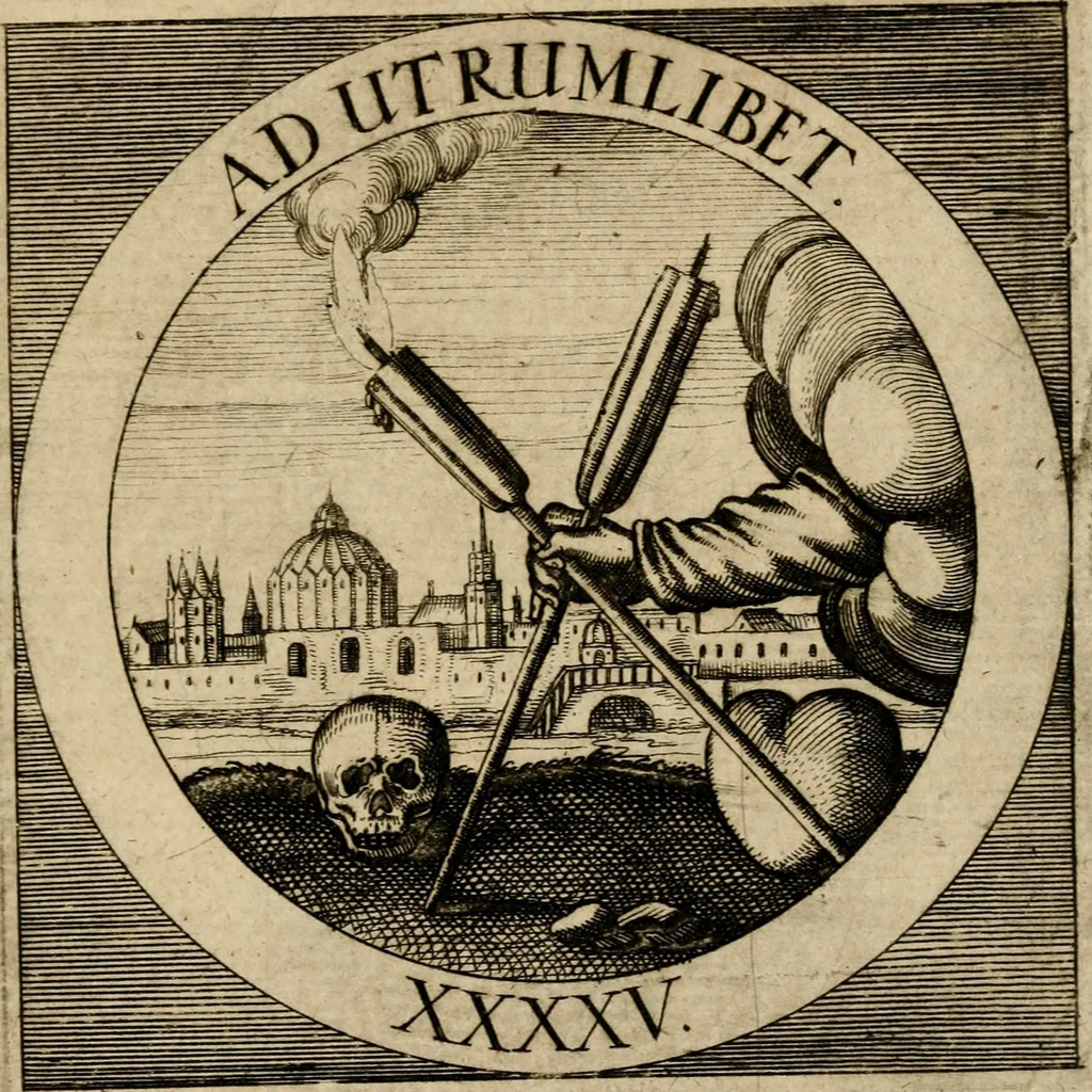 An illustration from Emblematum sacrorum prima[-secunda] pars : das ist, fünfftzig geistlicher in Kupffer gestochener Emblematum ausz der H. Schrifft von dem süssen Namen vnd Creutz Jesu Christi, erster[-ander] Theyl, 1624, leaf 418