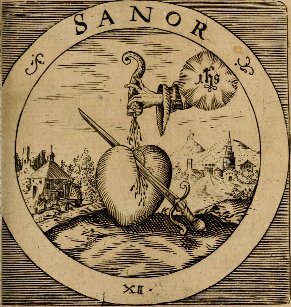 An illustration from Emblematum sacrorum prima[-secunda] pars : das ist, fünfftzig geistlicher in Kupffer gestochener Emblematum ausz der H. Schrifft von dem süssen Namen vnd Creutz Jesu Christi, erster[-ander] Theyl, 1624, leaf 66