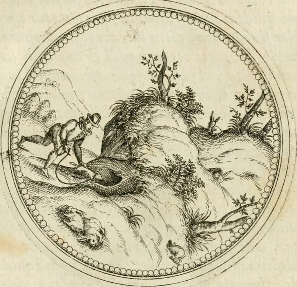 An illustration from Symbolorvm & emblematvm ex animalibvs qvadrvpedibvs desvmtorvm centvria altera, 1595, leaf 180