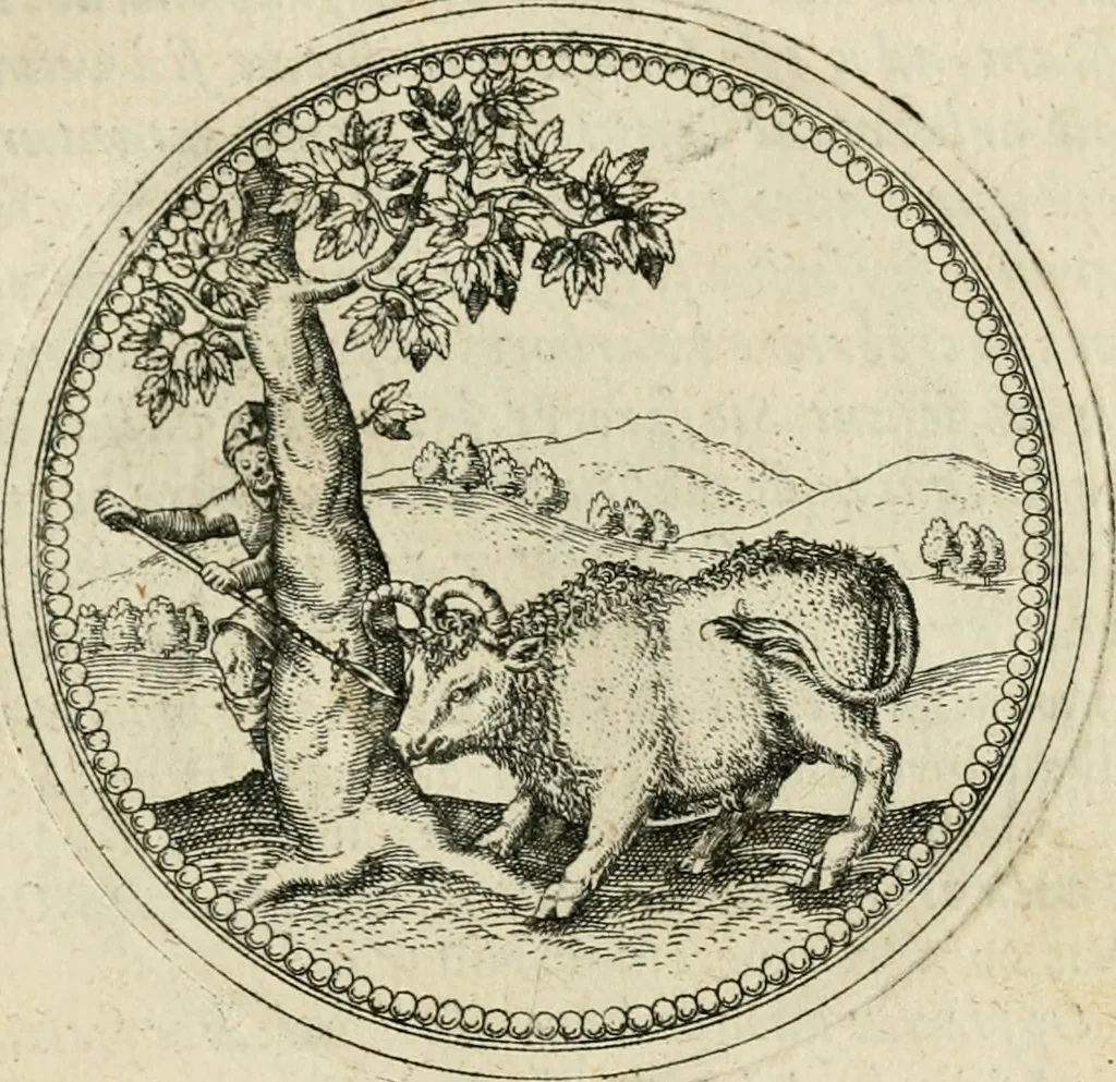 An illustration from Symbolorvm & emblematvm ex animalibvs qvadrvpedibvs desvmtorvm centvria altera, 1595, leaf 54