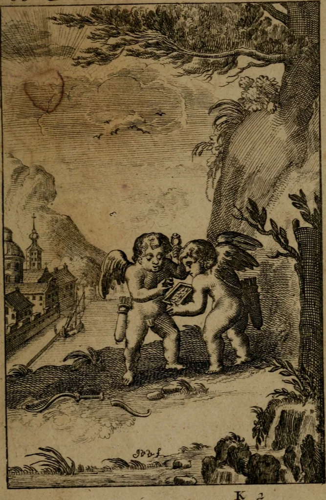 An illustration from Emblemes d'amour en quatre langue, 1683, leaf 158