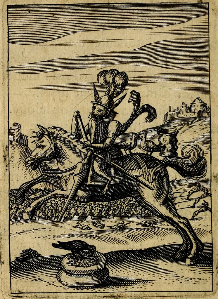 An illustration from Emblemes nouveaux; esquels le cours de ce monde est depeint et representé par certaines figures, desquelles le sens est expliqué par rimes ... Premieremente en allemand & maintenent en françois .., 1617, leaf 107
