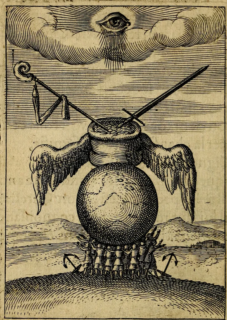 An illustration from Emblemes nouveaux; esquels le cours de ce monde est depeint et representé par certaines figures, desquelles le sens est expliqué par rimes ... Premieremente en allemand & maintenent en françois .., 1617, leaf 129