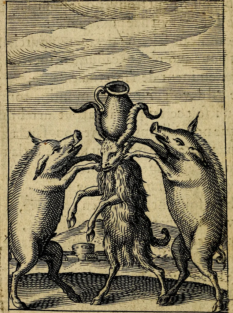 An illustration from Emblemes nouveaux; esquels le cours de ce monde est depeint et representé par certaines figures, desquelles le sens est expliqué par rimes ... Premieremente en allemand & maintenent en françois .., 1617, leaf 157