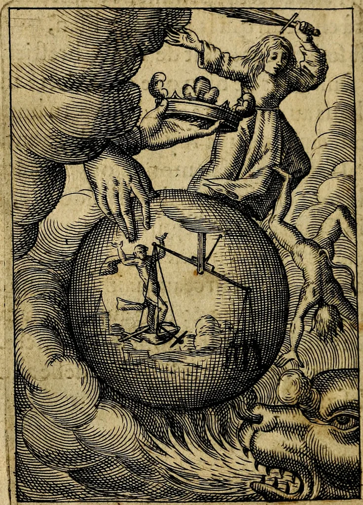 An illustration from Emblemes nouveaux; esquels le cours de ce monde est depeint et representé par certaines figures, desquelles le sens est expliqué par rimes ... Premieremente en allemand & maintenent en françois .., 1617, leaf 161