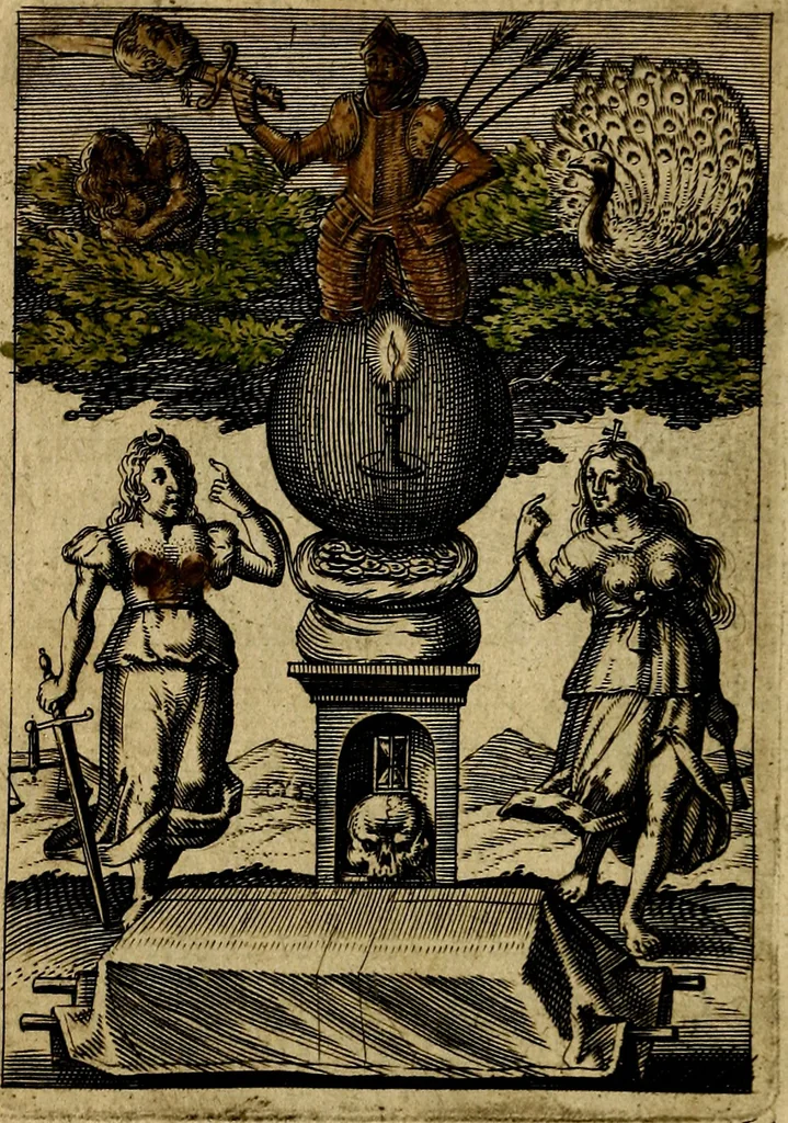 An illustration from Emblemes nouveaux; esquels le cours de ce monde est depeint et representé par certaines figures, desquelles le sens est expliqué par rimes ... Premieremente en allemand & maintenent en françois .., 1617, leaf 17