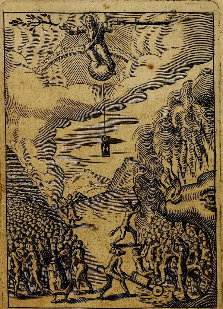 An illustration from Emblemes nouveaux; esquels le cours de ce monde est depeint et representé par certaines figures, desquelles le sens est expliqué par rimes ... Premieremente en allemand & maintenent en françois .., 1617, leaf 185