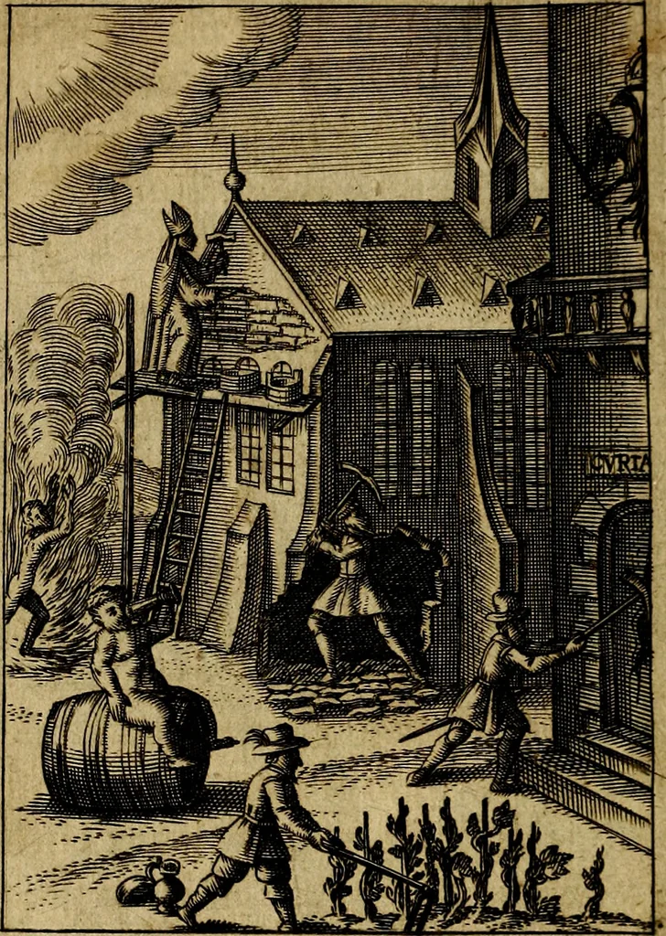 An illustration from Emblemes nouveaux; esquels le cours de ce monde est depeint et representé par certaines figures, desquelles le sens est expliqué par rimes ... Premieremente en allemand & maintenent en françois .., 1617, leaf 43