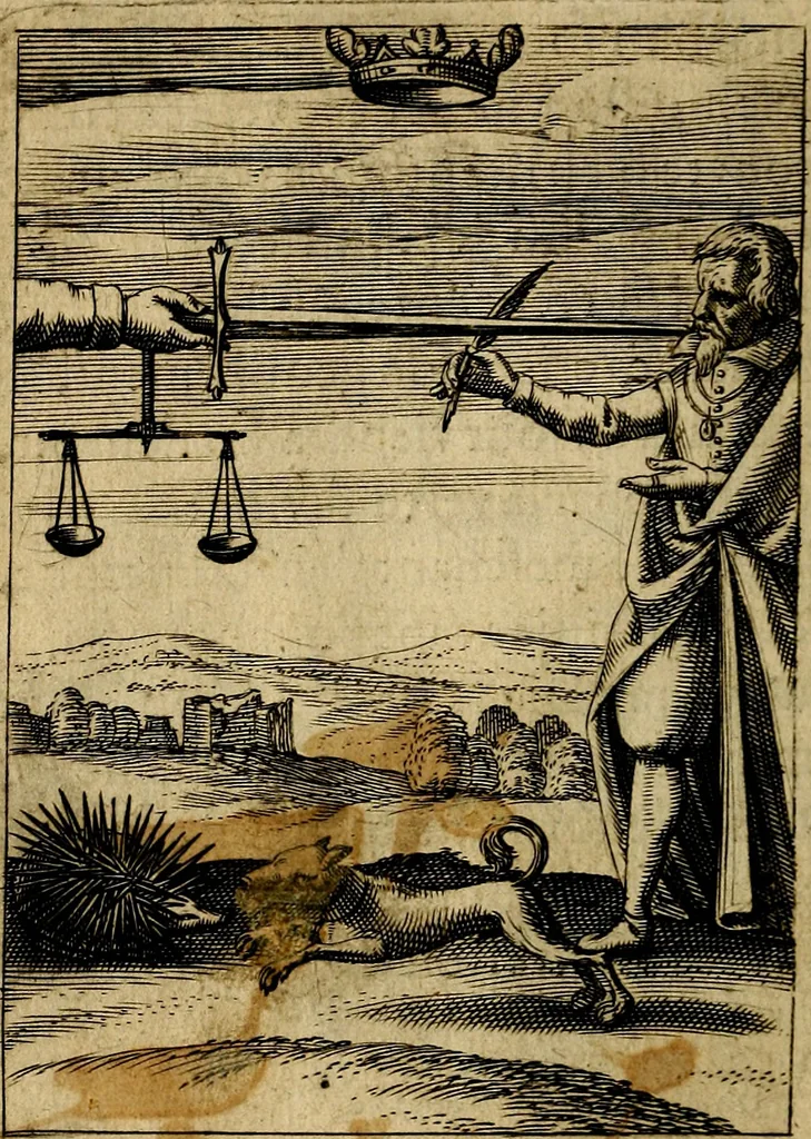 An illustration from Emblemes nouveaux; esquels le cours de ce monde est depeint et representé par certaines figures, desquelles le sens est expliqué par rimes ... Premieremente en allemand & maintenent en françois .., 1617, leaf 53