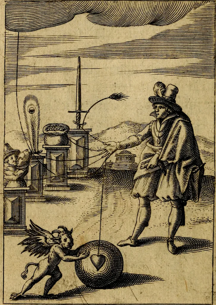 An illustration from Emblemes nouveaux; esquels le cours de ce monde est depeint et representé par certaines figures, desquelles le sens est expliqué par rimes ... Premieremente en allemand & maintenent en françois .., 1617, leaf 57