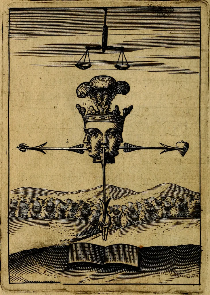An illustration from Emblemes nouveaux; esquels le cours de ce monde est depeint et representé par certaines figures, desquelles le sens est expliqué par rimes ... Premieremente en allemand & maintenent en françois .., 1617, leaf 59