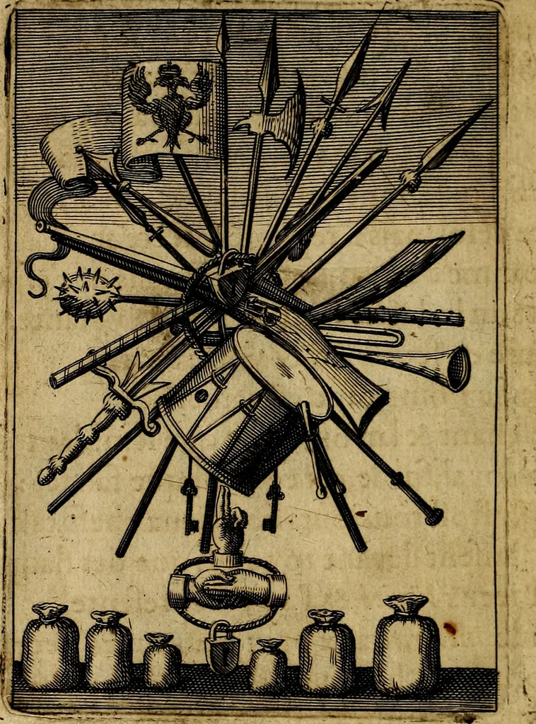 An illustration from Emblemes nouveaux; esquels le cours de ce monde est depeint et representé par certaines figures, desquelles le sens est expliqué par rimes ... Premieremente en allemand & maintenent en françois .., 1617, leaf 65